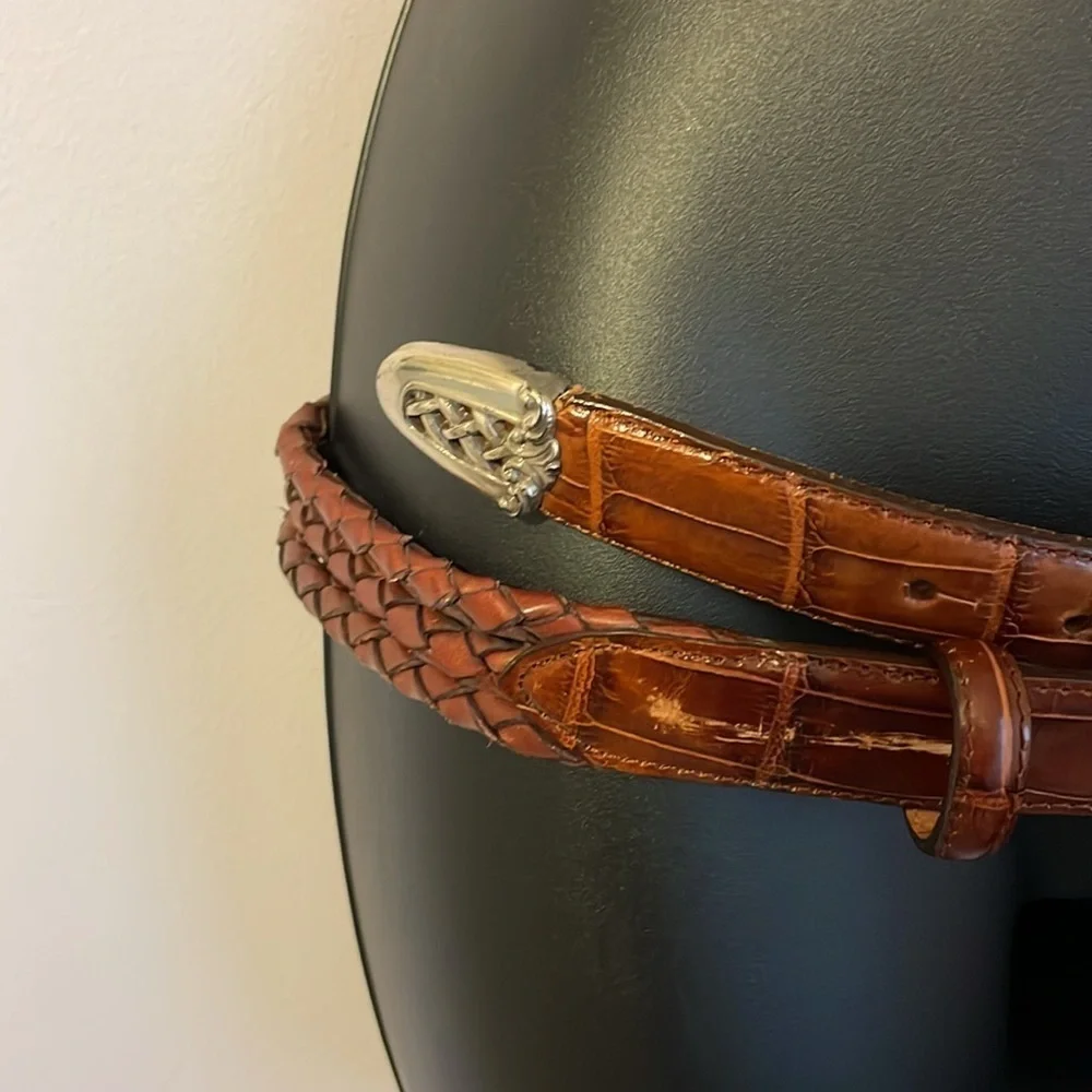 Leather Vintage 1995 Brown Belt with Silver Metal Basketweave Filagree Buckle L